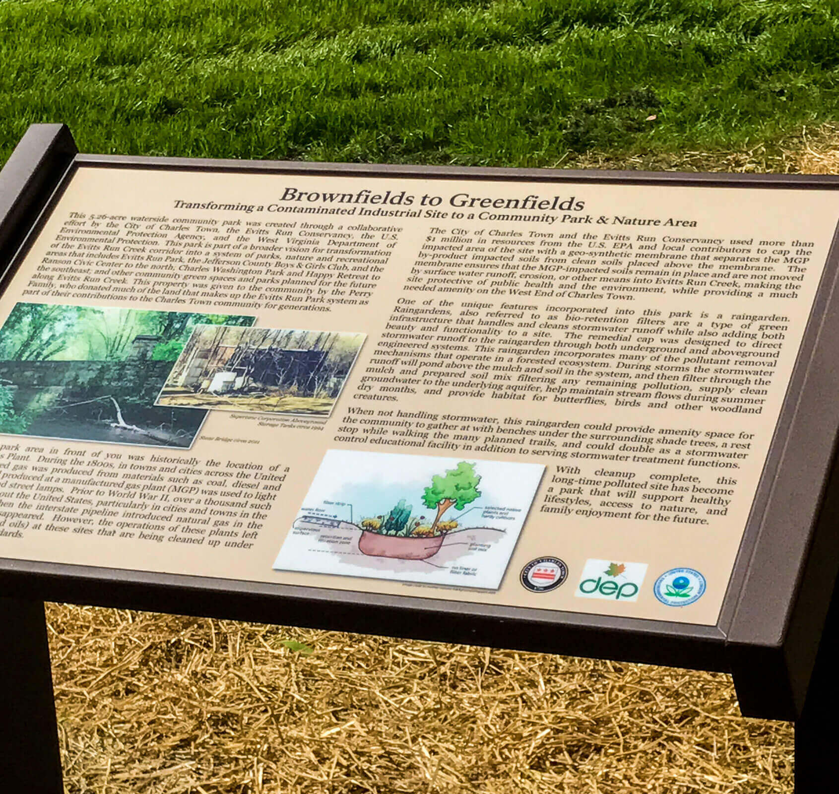 Supertane brownfield-to-greenspace plaque