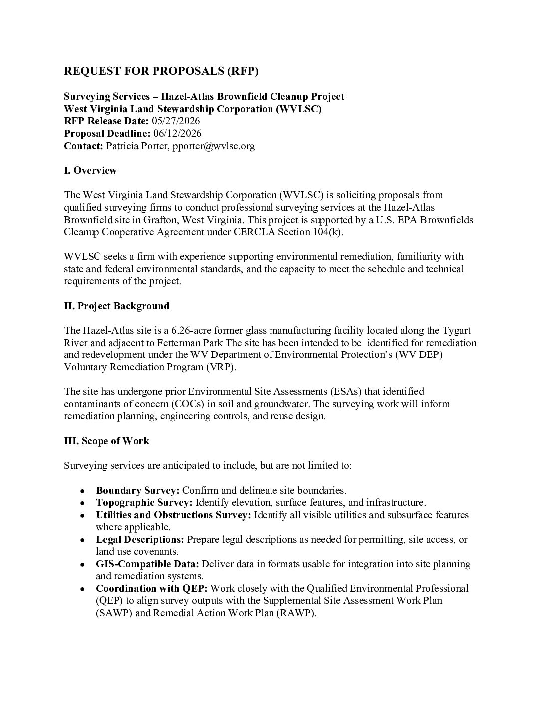 RFP for Surveying (Grafton, WV)