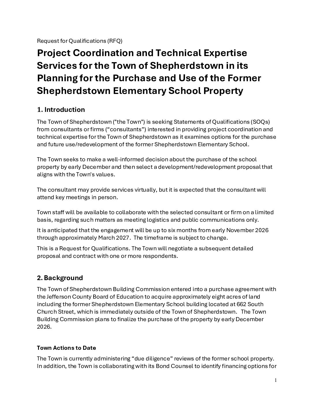 RFQ for Shepherdstown, WV